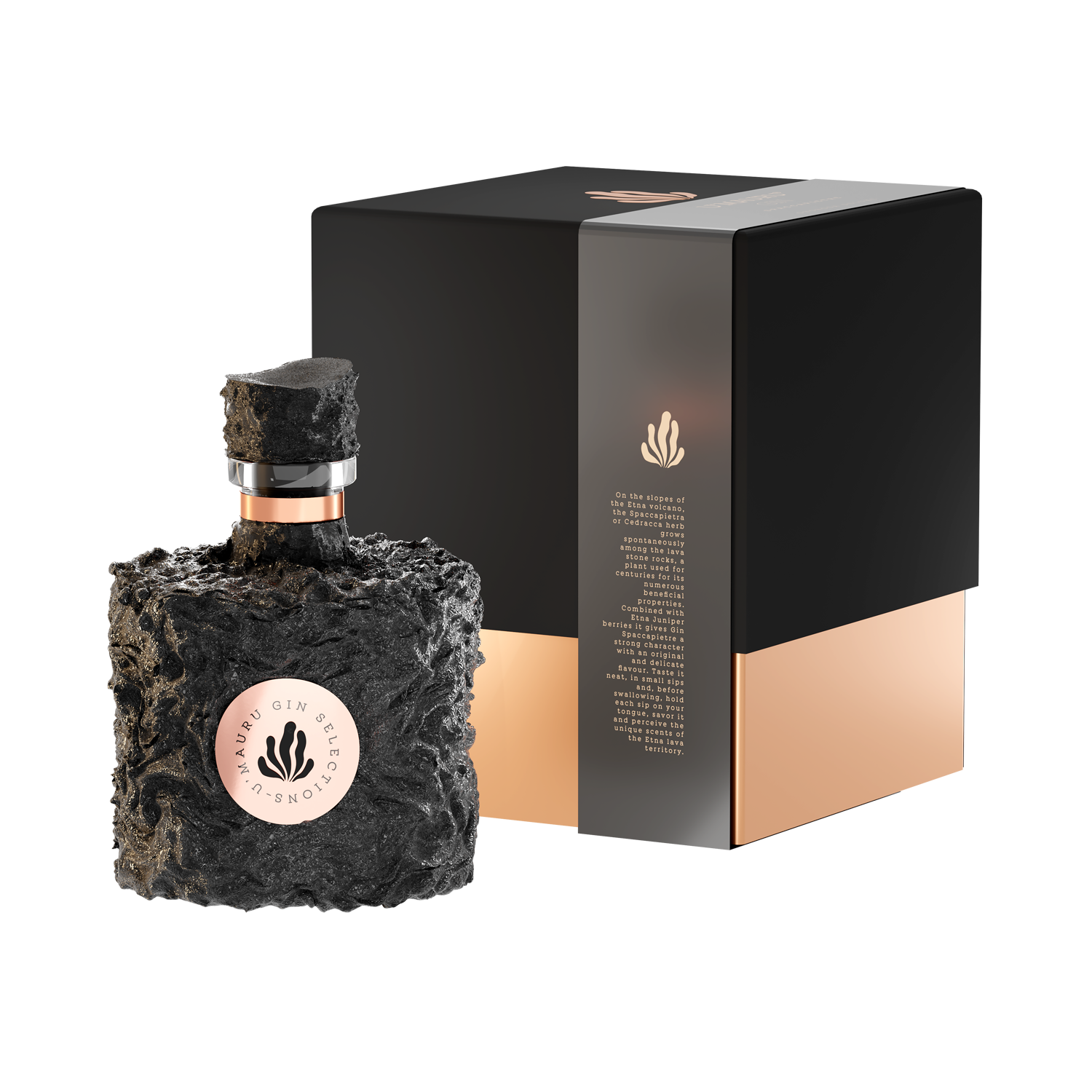 Confezione Ororosa Selection con bottiglia Spaccapietre U’Mauru Gin rivestita in pietra lavica